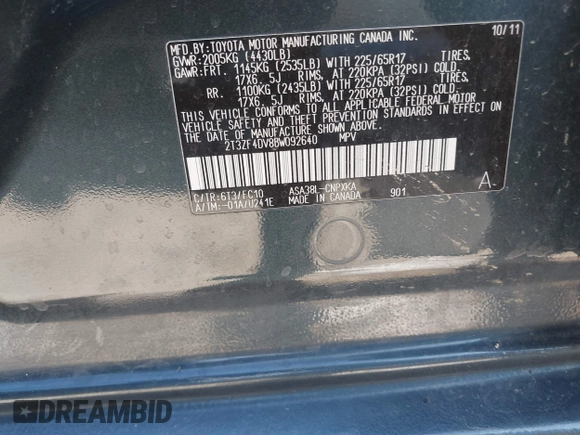 2011 Toyota RAV4 with VIN 2T3ZF4DV8BW092640, listed as a IAAI auction lot 41828058 with 132,575 mi miles and . Bid and sale history available at DreamBid. Image 9.