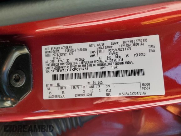 2019 Ford F-150 Limited with VIN 1FTEW1EG7KFC78751, listed as a Copart auction lot 46852655 with 92,199 mi miles and Salvage Title. Bid and sale history available at carsss.com. Image 12.