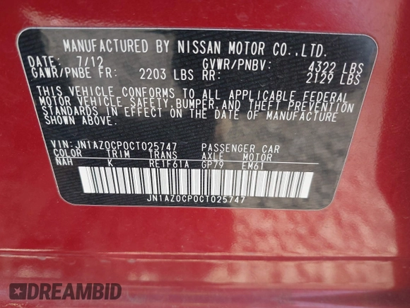 2012 Nissan LEAF SL with VIN JN1AZ0CP0CT025747, listed as a IAAI auction lot 42021121 with 50,344 mi miles. Bid and sale history available at carsss.com. Image 9.