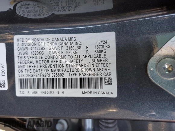 2024 Honda Civic Sedan Touring with VIN 2HGFE1F92RH325802, listed as a Copart auction lot 43206405 with 22,850 mi miles and Salvage Title. Bid and sale history available at carsss.com. Image 13.