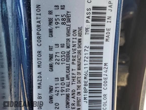 2020 Mazda 3 Premium with VIN JM1BPBEM6L1172172, listed as a Copart auction lot 42111255 with Not Provided miles and Salvage Title. Bid and sale history available at DreamBid. Image 12.