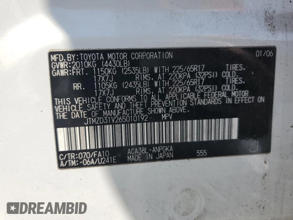 2006 Toyota RAV4 Limited with VIN JTMZD31V265010192, listed as a Copart auction lot 62068835 with 214,745 mi miles and Salvage title. Bid and sale history available at DreamBid. Image 13.