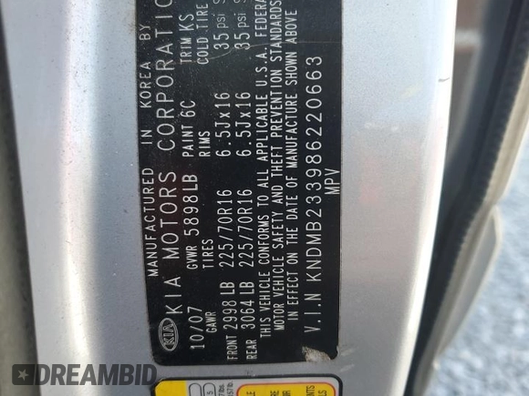 2008 Kia Sedona LX with VIN KNDMB233986220663, listed as a Copart auction lot 54321825 with 125,504 mi miles and Salvage Title. Bid and sale history available at DreamBid. Image 13.