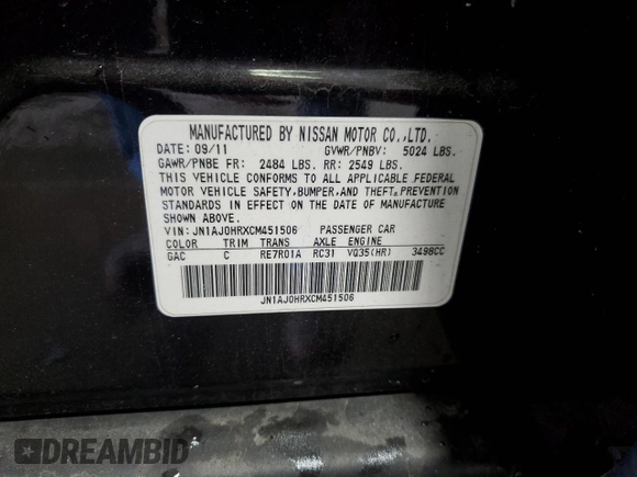 2012 Infiniti EX Journey z VIN JN1AJ0HRXCM451506, wystawiony jako Copart lot #58348595 z przebiegiem Nie podano mil oraz Szkoda całkowita • Salvage title. Historia ofert i sprzedaży dostępna na DreamBid. Obrazek 14.
