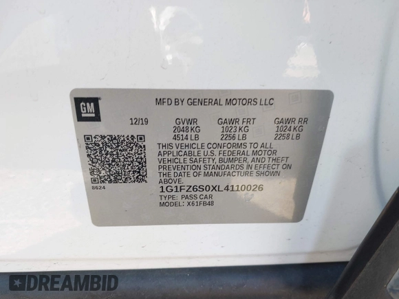2020 Chevrolet Bolt EV Premier with VIN 1G1FZ6S0XL4110026, listed as a IAAI auction lot 41530496 with 20,477 mi miles. Bid and sale history available at carsss.com. Image 9.