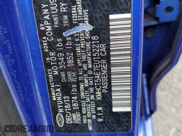 2014 Hyundai Accent GS with VIN KMHCT5AE7EU152218, listed as a Copart auction lot 57022785 with 117,677 mi miles and Salvage title. Bid and sale history available at DreamBid. Image 12.