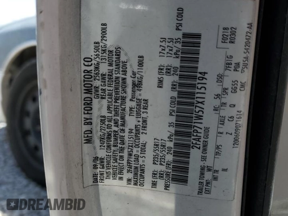 2007 Ford Police Interceptor with VIN 2FAFP71W57X115194, listed as a Copart auction lot 58725195 with Not provided miles and Salvage title. Bid and sale history available at DreamBid. Image 12.