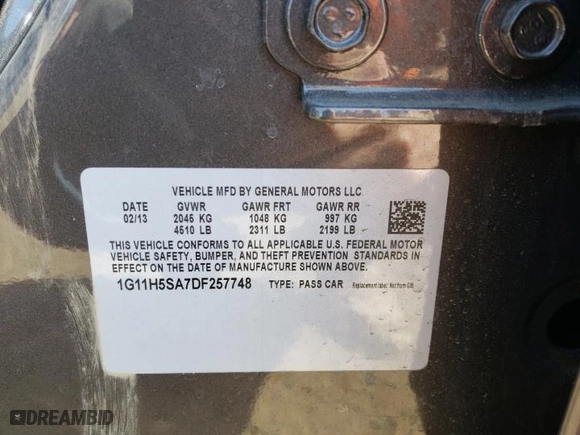 2013 Chevrolet Malibu LTZ with VIN 1G11H5SA7DF257748, listed as a Copart auction lot 48502155 with 187,475 mi miles and Clean Title. Bid and sale history available at carsss.com. Image 12.