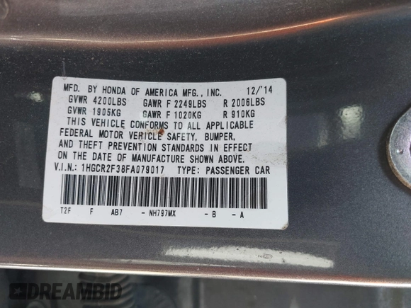 2015 Honda Accord LX with VIN 1HGCR2F38FA079017, listed as a IAAI auction lot 42099637 with 156,177 mi miles and . Bid and sale history available at carsss.com. Image 9.