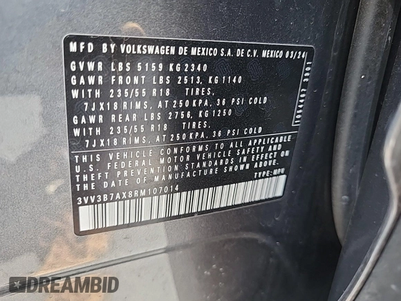 2024 Volkswagen Tiguan SE with VIN 3VV3B7AX8RM107014, listed as a IAAI auction lot 42734341 with 27,789 mi miles and . Bid and sale history available at DreamBid. Image 26.
