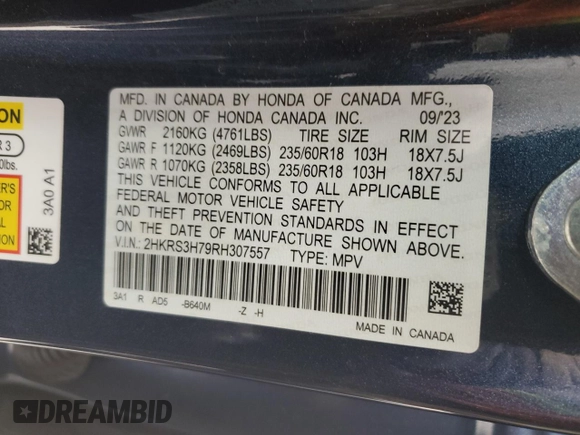 2024 Honda CR-V EX-L with VIN 2HKRS3H79RH307557, listed as a Copart auction lot 45335745 with 11,583 mi miles and Salvage Title. Bid and sale history available at DreamBid. Image 13.