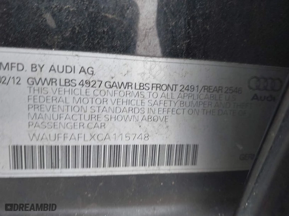 2012 Audi A4 2.0T Premium Plus with VIN WAUFFAFLXCA115748, listed as a IAAI auction lot 41367264 with 123,507 mi miles. Bid and sale history available at carsss.com. Image 9.