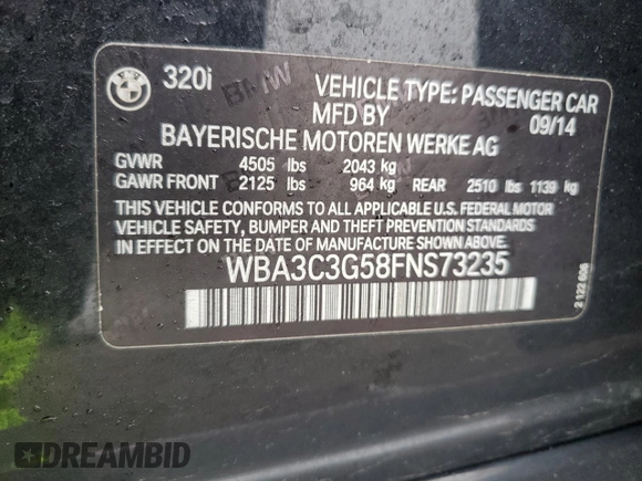 2015 BMW 3 Series 320i xDrive with VIN WBA3C3G58FNS73235, listed as a Copart auction lot 47827065 with 132,015 mi miles and Salvage title. Bid and sale history available at DreamBid. Image 14.