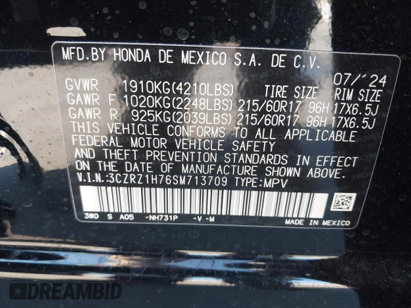 2025 Honda HR-V EX-L z VIN 3CZRZ1H76SM713709, wystawiony jako IAAI lot #41401596 z przebiegiem 3 428 mil mil oraz . Historia ofert i sprzedaży dostępna na DreamBid. Obrazek 9.