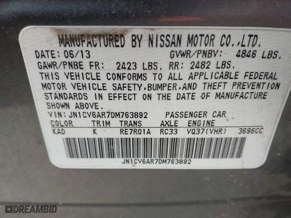 2013 Infiniti G37 Sedan x with VIN JN1CV6AR7DM763892, listed as a IAAI auction lot 41848406 with 1 mi miles. Bid and sale history available at carsss.com. Image 9.