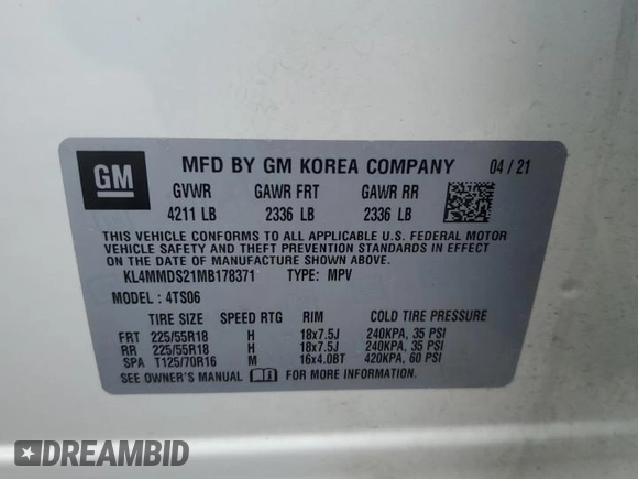 2021 Buick Encore GX Select with VIN KL4MMDS21MB178371, listed as a Copart auction lot 59591225 with Not provided miles and Salvage title. Bid and sale history available at DreamBid. Image 13.