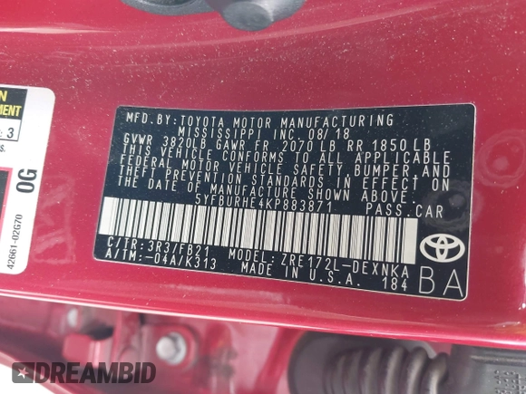 2019 Toyota Corolla L with VIN 5YFBURHE4KP883871, listed as a IAAI auction lot 41979494 with 179,078 mi miles. Bid and sale history available at carsss.com. Image 9.