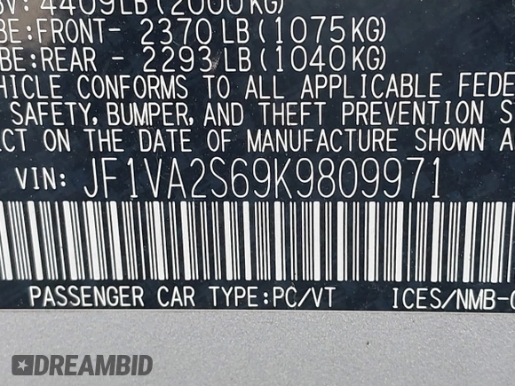 2019 Subaru WRX STI with VIN JF1VA2S69K9809971, listed as a IAAI auction lot 41683787 with 119,591 mi miles. Bid and sale history available at carsss.com. Image 9.