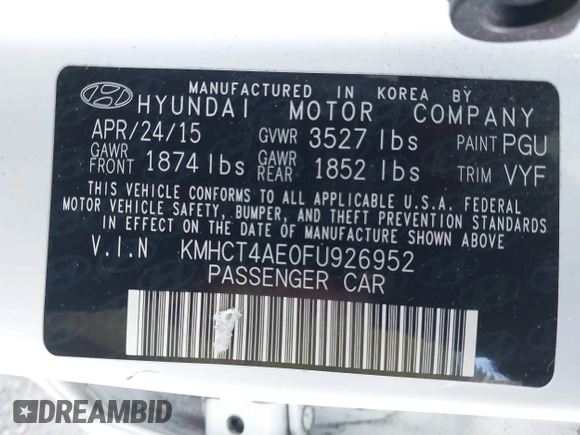 2015 Hyundai Accent GLS with VIN KMHCT4AE0FU926952, listed as a IAAI auction lot 41225280 with 51,148 mi miles and . Bid and sale history available at DreamBid. Image 9.