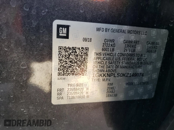 2019 GMC Acadia Denali with VIN 1GKKNPLS0KZ149074, listed as a Copart auction lot 47393255 with 118,557 mi miles and Salvage title. Bid and sale history available at DreamBid. Image 16.