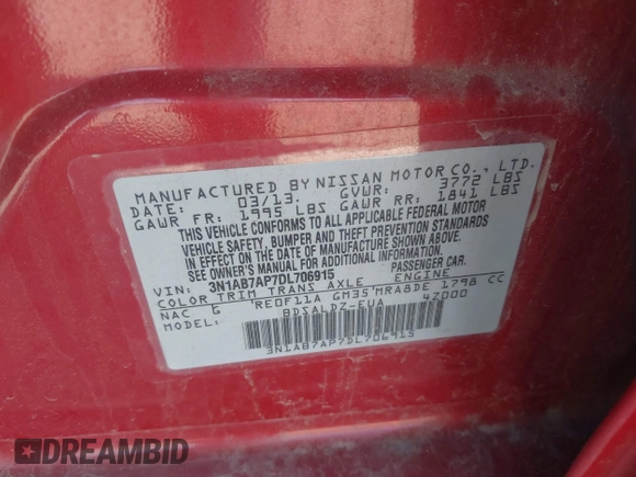 2013 Nissan Sentra S with VIN 3N1AB7AP7DL706915, listed as a IAAI auction lot 41883121 with 151,706 mi miles and . Bid and sale history available at DreamBid. Image 9.