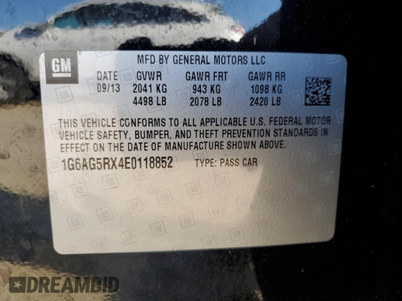 2014 Cadillac ATS Standard AWD с VIN 1G6AG5RX4E0118852, выставлен на аукционе Copart как лот 61828425 с пробегом 64 471 миль миль и Списание • Salvage title. История ставок и продаж доступна на DreamBid. Изображение 12.