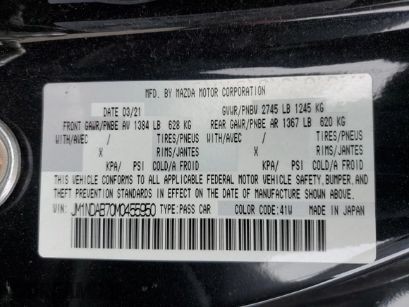 2021 Mazda MX-5 Miata Sport with VIN JM1NDAB70M0455950, listed as a Copart auction lot 54979915 with Not provided miles and Salvage title. Bid and sale history available at DreamBid. Image 12.