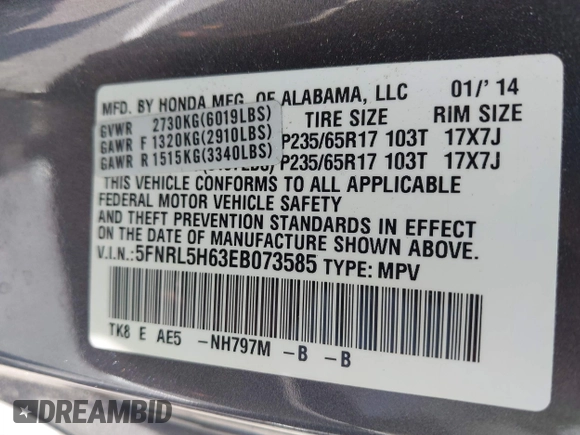 2014 Honda Odyssey EX-L with VIN 5FNRL5H63EB073585, listed as a IAAI auction lot 42673004 with 119,971 mi miles and . Bid and sale history available at DreamBid. Image 9.