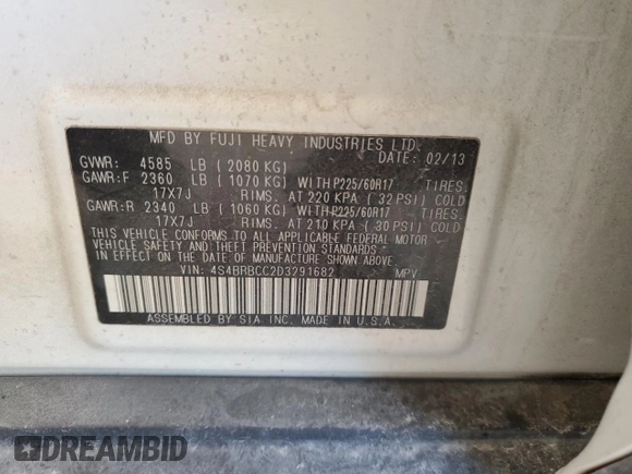 2013 Subaru Outback 2.5i Premium with VIN 4S4BRBCC2D3291682, listed as a Copart auction lot 59983184 with 190,841 mi miles and Salvage Title. Bid and sale history available at carsss.com. Image 15.