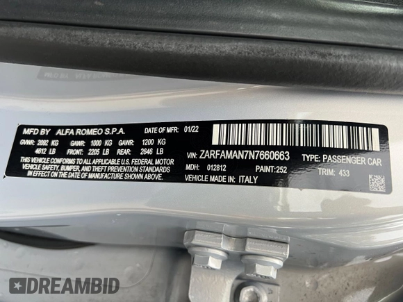 2022 Alfa Romeo Giulia with VIN ZARFAMAN7N7660663, listed as a Copart auction lot 47428075 with 11,210 mi miles and Salvage title. Bid and sale history available at DreamBid. Image 10.