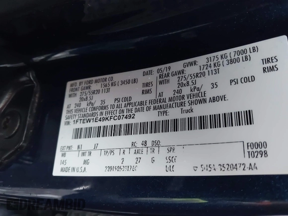 2019 Ford F-150 XL with VIN 1FTEW1E49KFC07492, listed as a IAAI auction lot 42008861 with 118,640 mi miles and . Bid and sale history available at DreamBid. Image 9.