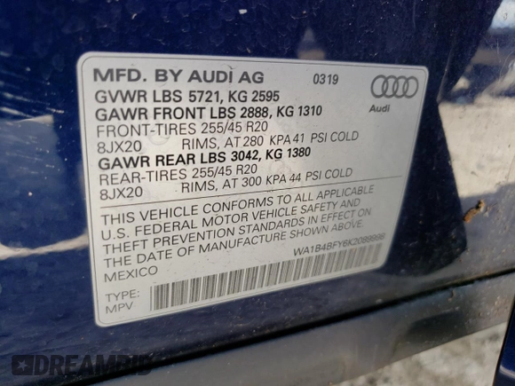 2019 Audi SQ5 Premium Plus with VIN WA1B4BFY6K2089998, listed as a Copart auction lot 60262294 with 75,022 mi miles and Salvage Title. Bid and sale history available at DreamBid. Image 14.
