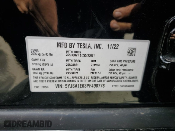 2023 Tesla Model S Plaid z VIN 5YJSA1E63PF498778, wystawiony jako Copart lot #43960765 z przebiegiem Nie podano mil oraz Szkoda całkowita • Salvage title. Historia ofert i sprzedaży dostępna na DreamBid. Obrazek 15.