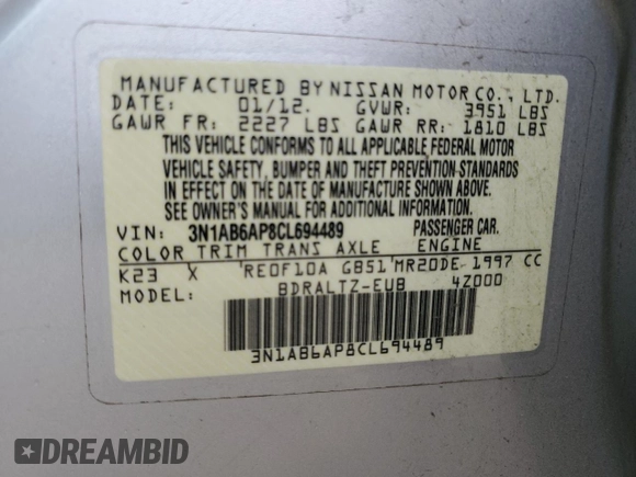 2012 Nissan Sentra S with VIN 3N1AB6AP8CL694489, listed as a Copart auction lot 47964645 with 179,399 mi miles and Salvage Title. Bid and sale history available at DreamBid. Image 12.
