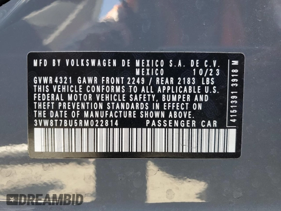 2024 Volkswagen Jetta 40th Anniversary Edition with VIN 3VW8T7BU5RM022814, listed as a Copart auction lot 59702685 with 14,050 mi miles and Salvage title. Bid and sale history available at DreamBid. Image 13.