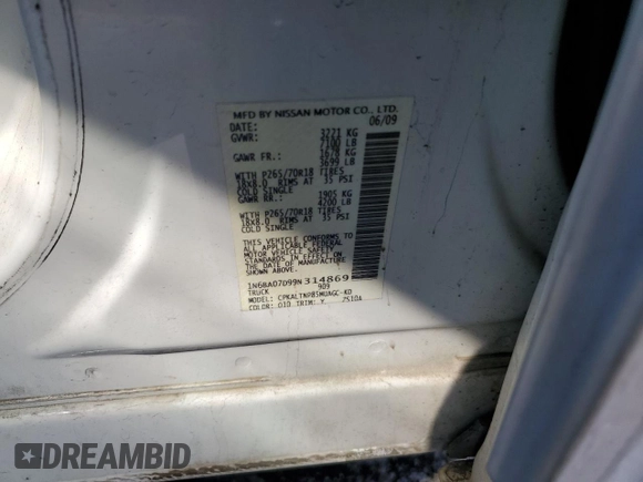 2009 Nissan Titan SE with VIN 1N6BA07D99N314869, listed as a Copart auction lot 87838155 with 123,850 mi miles and Clean Title. Bid and sale history available at carsss.com. Image 12.