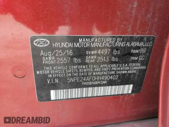 2017 Hyundai Sonata SE with VIN 5NPE24AF0HH490402, listed as a Copart auction lot 54219144 with 165,007 mi miles and Non Repairable. Bid and sale history available at DreamBid. Image 14.