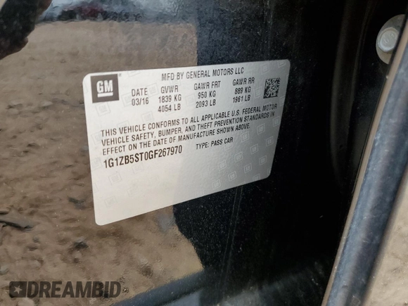 2016 Chevrolet Malibu LS z VIN 1G1ZB5ST0GF267970, wystawiony jako Copart lot #53616125 z przebiegiem 174 535 mil mil oraz Szkoda całkowita • Salvage title. Historia ofert i sprzedaży dostępna na DreamBid. Obrazek 12.