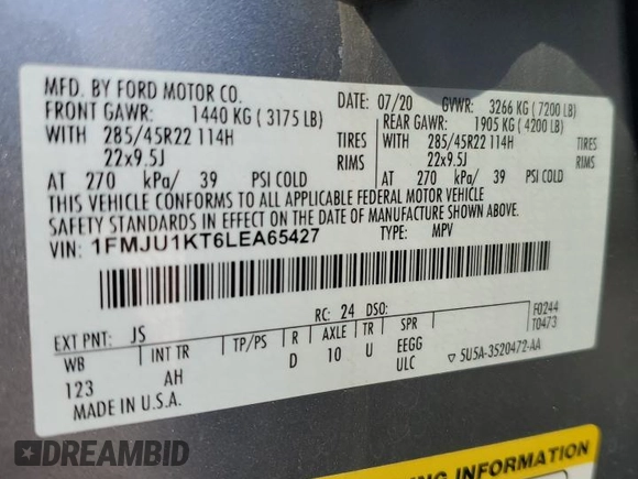 2020 Ford Expedition Limited z VIN 1FMJU1KT6LEA65427, wystawiony jako Copart lot #53646355 z przebiegiem 35 870 mil mil oraz Szkoda całkowita • Salvage title. Historia ofert i sprzedaży dostępna na DreamBid. Obrazek 13.