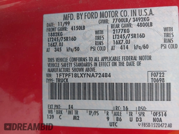 2000 Ford F-150 XL with VIN 1FTPF18LXYNA72484, listed as a IAAI auction lot 42187405 with 233,334 mi miles and . Bid and sale history available at DreamBid. Image 9.