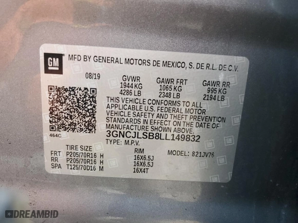 2020 Chevrolet Trax LT with VIN 3GNCJLSB8LL149832, listed as a Copart auction lot 46788105 with 37,769 mi miles and Salvage Title. Bid and sale history available at carsss.com. Image 12.