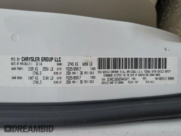 2014 Chrysler Town & Country Touring with VIN 2C4RC1BGXER445471, listed as a Copart auction lot 47644165 with 172,247 mi miles and Salvage Title. Bid and sale history available at carsss.com. Image 15.