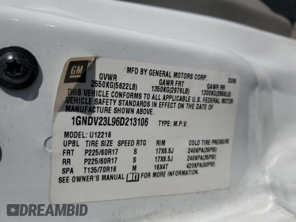 2006 Chevrolet Uplander LS Fleet with VIN 1GNDV23L96D213106, listed as a Copart auction lot 42405465 with 91,670 mi miles and Salvage Title. Bid and sale history available at carsss.com. Image 13.