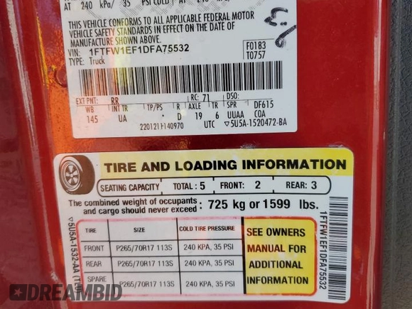 2013 Ford F-150 XL with VIN 1FTFW1EF1DFA75532, listed as a Copart auction lot 64324395 with 135,654 mi miles and Salvage title. Bid and sale history available at DreamBid. Image 12.