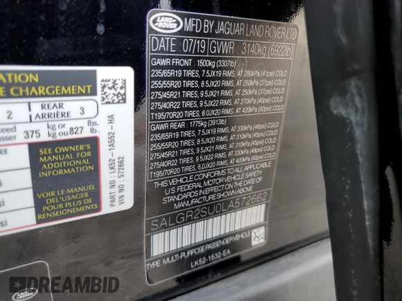 2020 Land Rover Range Rover with VIN SALGR2SU0LA572662, listed as a Copart auction lot 55976143 with 28,012 mi miles and . Bid and sale history available at DreamBid. Image 12.
