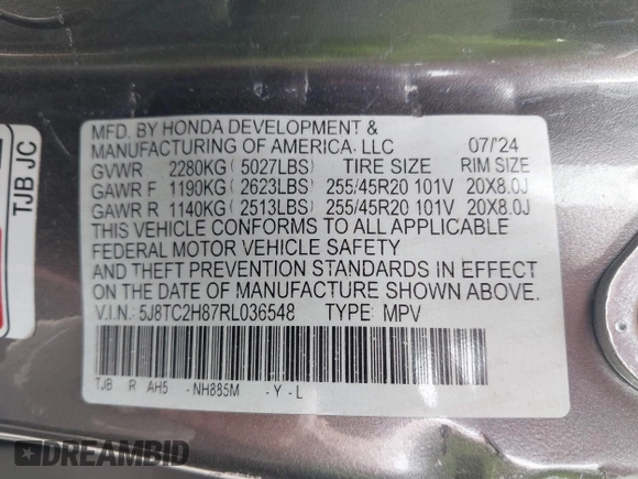 2024 Acura RDX Advance with VIN 5J8TC2H87RL036548, listed as a IAAI auction lot 41793412 with Not provided miles and . Bid and sale history available at DreamBid. Image 9.