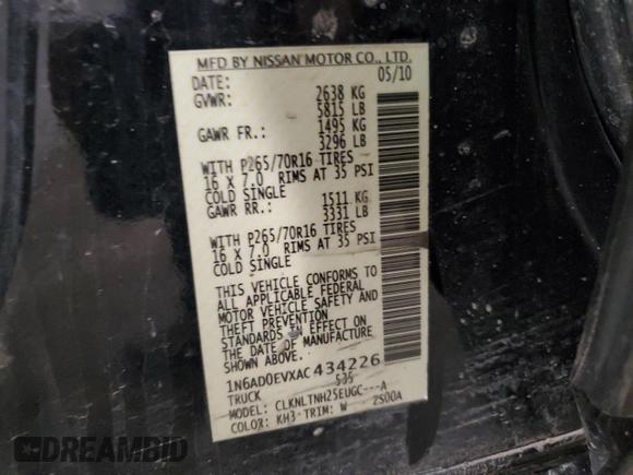 2010 Nissan Frontier Pro-4X with VIN 1N6AD0EVXAC434226, listed as a Copart auction lot 51107285 with 111,526 mi miles and Clean title. Bid and sale history available at DreamBid. Image 12.
