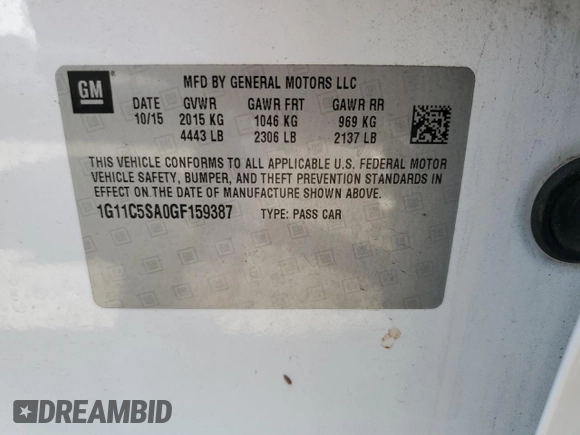 2016 Chevrolet Malibu Limited LT with VIN 1G11C5SA0GF159387, listed as a Copart auction lot 54300505 with 163,534 mi miles and Non Repairable. Bid and sale history available at carsss.com. Image 12.