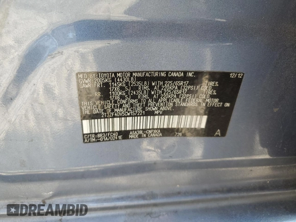2012 Toyota RAV4 with VIN 2T3ZF4DV5CW157221, listed as a Copart auction lot 49469755 with 272,854 mi miles and Salvage Title. Bid and sale history available at carsss.com. Image 13.