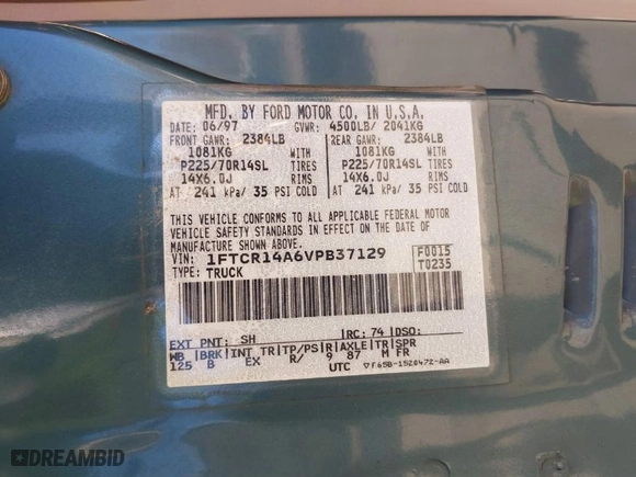 1997 Ford Ranger XL with VIN 1FTCR14A6VPB37129, listed as a IAAI auction lot 41745942 with 261,135 mi miles. Bid and sale history available at carsss.com. Image 9.